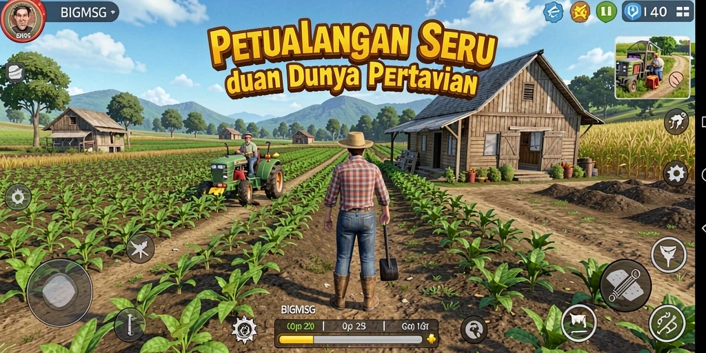 Tampilan gameplay dari BIGMSG, penuh warna dan kehidupan pertanian.