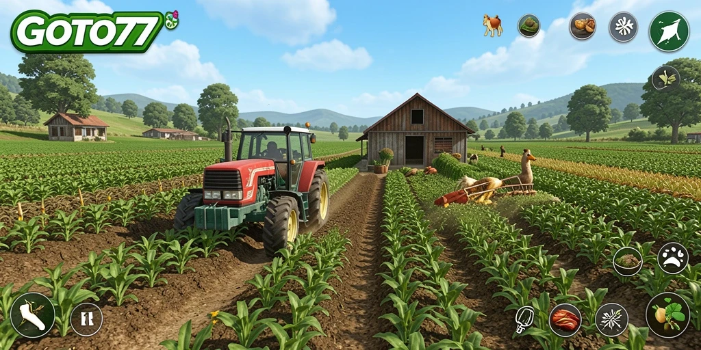 Screenshot gameplay GOTO77 menampilkan ladang yang subur dan berwarna-warni.