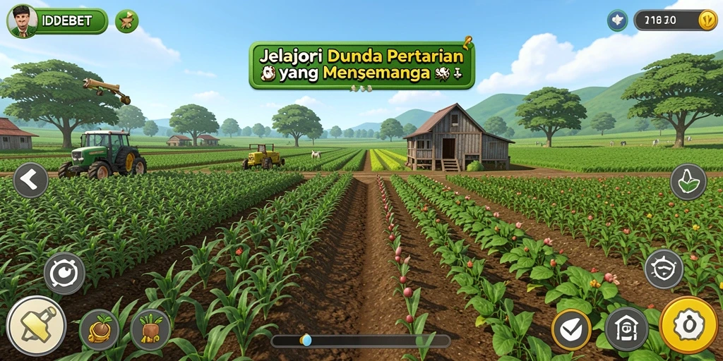 Tampilan screenshot permainan IDEBET menunjukkan aktivitas bertani yang menyenangkan.